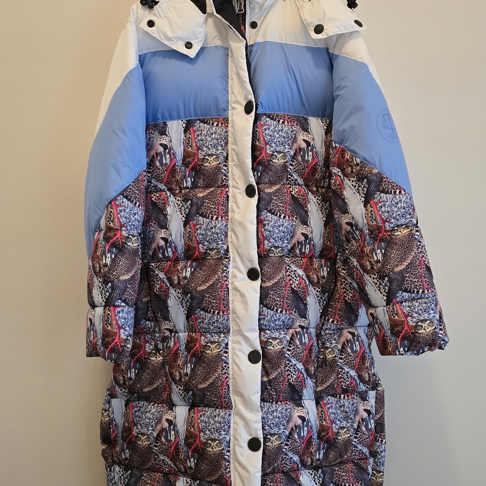 Hunter Blue and Black Animal Print Long Puffer Jacket BNWOT
